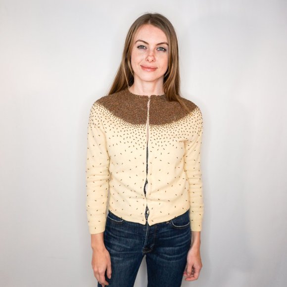 Vintage Sweaters - VINTAGE Caritas Cream Beaded Knit Cardigan